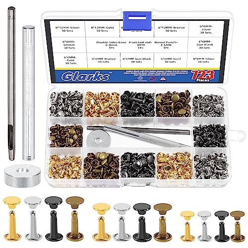 Glarks 360 juegos de remaches de cuero, con 3 juegos de herramientas de ajuste, 4 colores, 3 tamaños, remaches de doble sombrero, pernos metálicos tubulares, remaches de proceso de cuero