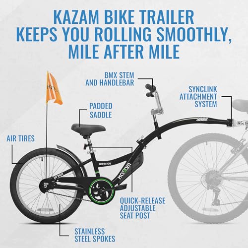 Image of KaZAM Co-Pilot Bike Trailer - 20 Inch Bike Trailer with Adjustable BMX Stem and Handlebar - Lightweight Aluminum Frame and Padded Saddle for Cycling - Perfect for Family Rides