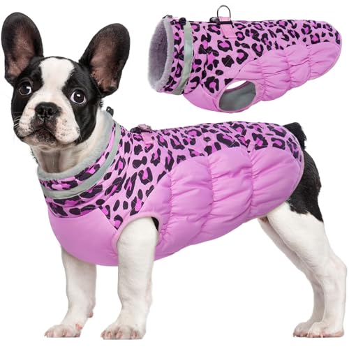 FUAMEY Dog Coat for Small Dogs,Waterproof Dog Winter Jacket with Harness Built in Puppy Cold Weather Coats Reflective Pet Vest with Zipper Warm Fleece Dogs Snowsuit Windproof Pink Leopard S