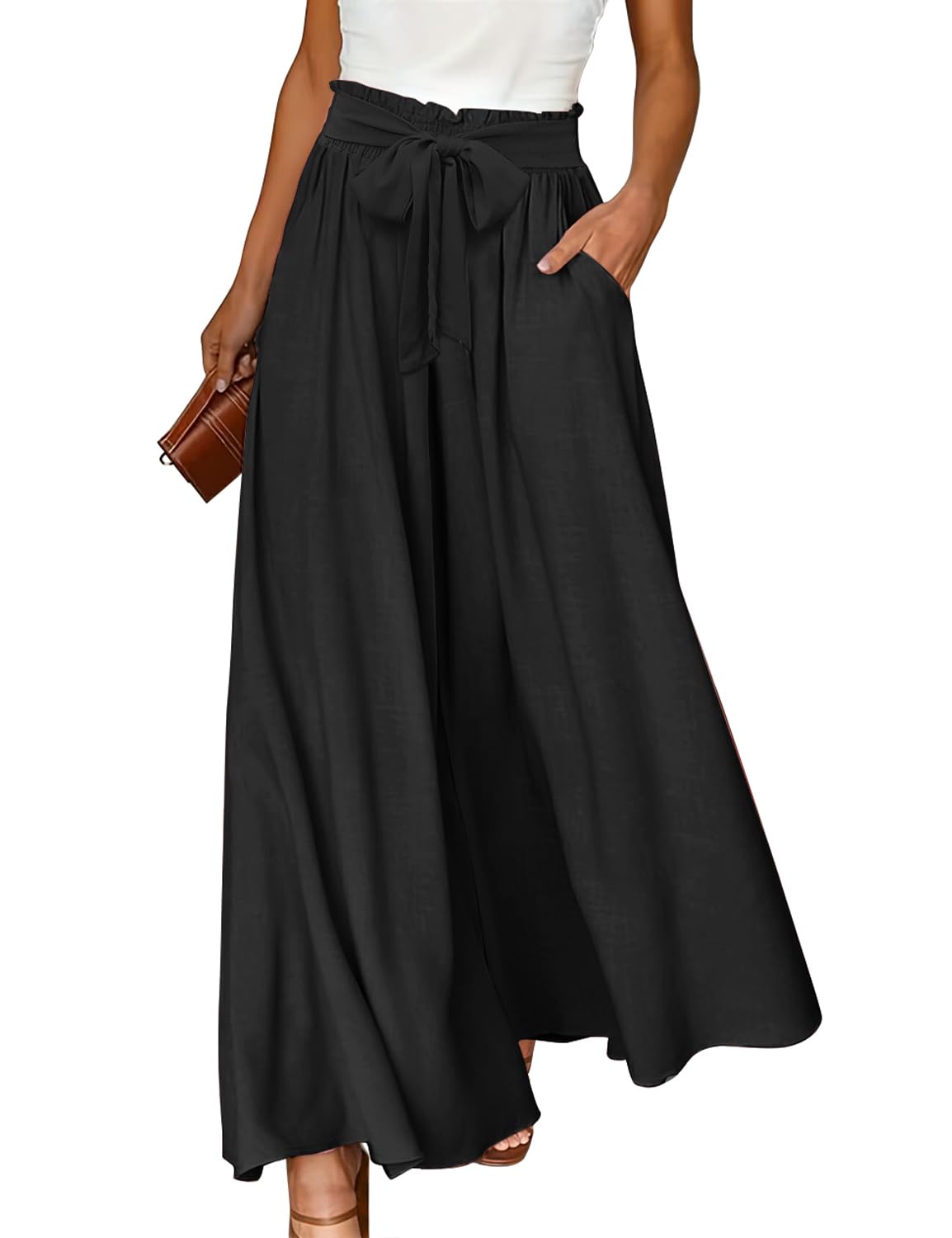 YESNO Women Wide Leg Pants High Waisted Floral Boho Palazzo Culottes Casual Flowy Tie Knot Trousers with Pockets PPS