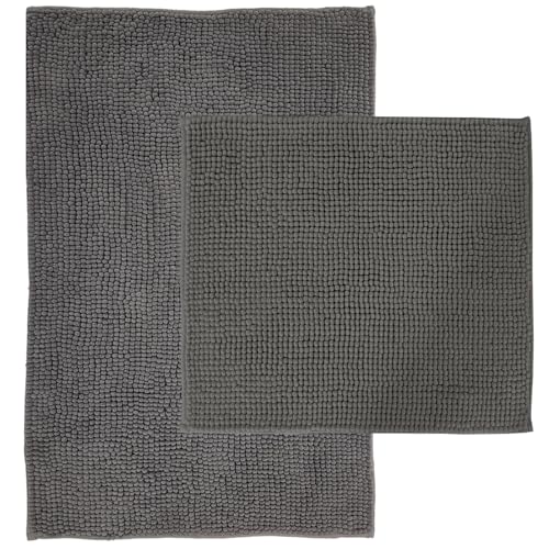 NYVI Badematten Set 2 teilig NYVISpa Chenille 45x50 + 50x80 cm Grau Badematte & WC-Vorleger - Badezimmerteppich Set - rutschfest, Saugfähig, Schnell Trocknend, Fußbodenheizung geeignet, Oeko-TEX