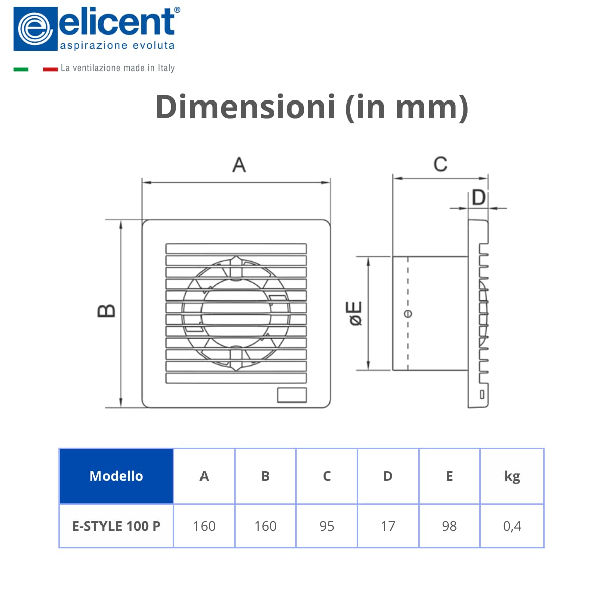 elicent | Estyle 100 Performance Set da 2 Pezzi Aspiratore Elicoidale Ø100 mm con Design Ultrasottile per Espulsione Diretta, Motore Induzione 230V, Silenzioso e Resistente