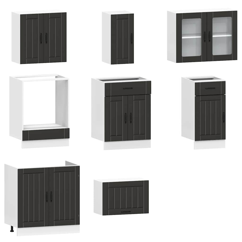 8-TLG Küchenschrank-Set Kalmar Modulare Küchenzeile Schwarz | Modulare Miniküche für Ihre Küche mit verstellbaren Füßen und vielseitigem Stauraum aus robustem Holzwerkstoff.