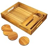 VinoTray - 17' Acacia Wood Serving Tray with Handles, Coasters & Removable Glass Holder - Large Decorative Wine & Food Rectangular Tray for Ottoman, Breakfast in Bed, Dinner, or Coffee Table