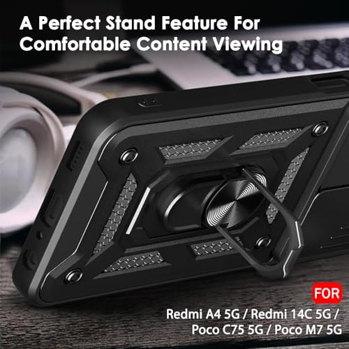 Image of Luxe Back Cover for Poco M7 5G / Redmi 14C 5G / Redmi A4 5G / Poco C75 5G | D10 Tough Armor Case | Sliding Camera Shield | 360 Protection | Kickstand Ring Holder | Military-Grade Shockproof