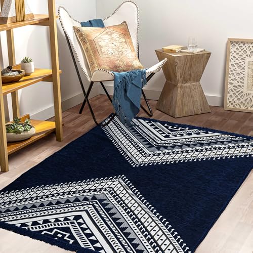 Image of BSB HOME Designer Superfine Chenille Carpet | 500 GSM Velvet Carpet /Area Rug /Durries with Fine Gold Yarn for Living Room, Bedroom, Runner| 122 x 183 cm or 4x6 ft, Blue