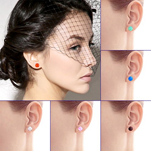 Luckeyui 6 Pairs Rose Gold Plated Synthetic Opal 6Mm Round Stud Earrings Set For Women,White/Blue/Black #TOP3