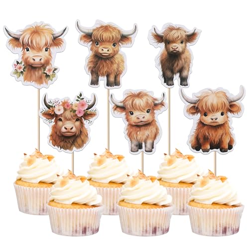 Rsstarxi 36 Pack Highland Cow Cupcake Toppers Double Sided Brown Highland Cow Farm Animal Cupcake Picks for Highland Cow Baby Shower Birthday Party Cake Decorations