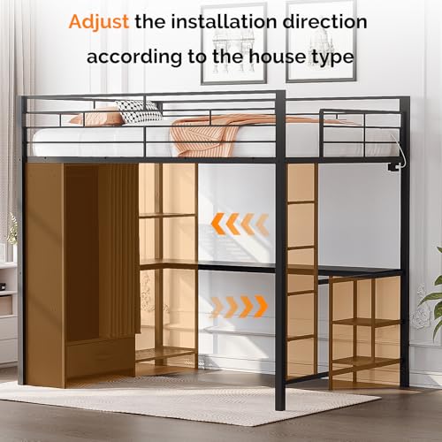 Image of VINGLI Full Loft Bed 15 Inch Extra Tall Safety Guardrail, Wardrobe with Curtain, and Flat Rungs, LED High Double Sleeper with 2 Charging Stations, Desk and Drawer, Heavy Duty Space Saving Bed, Black