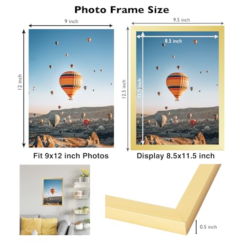 Image of JCJMY 9x12 Picture Frame Gold for Wall Hanging, Wall Mounting Horizontally or Vertically, 9 x 12 Wall Gallery Poster Photo Frame with Durable Shatter Resistant Plexiglass, Gold