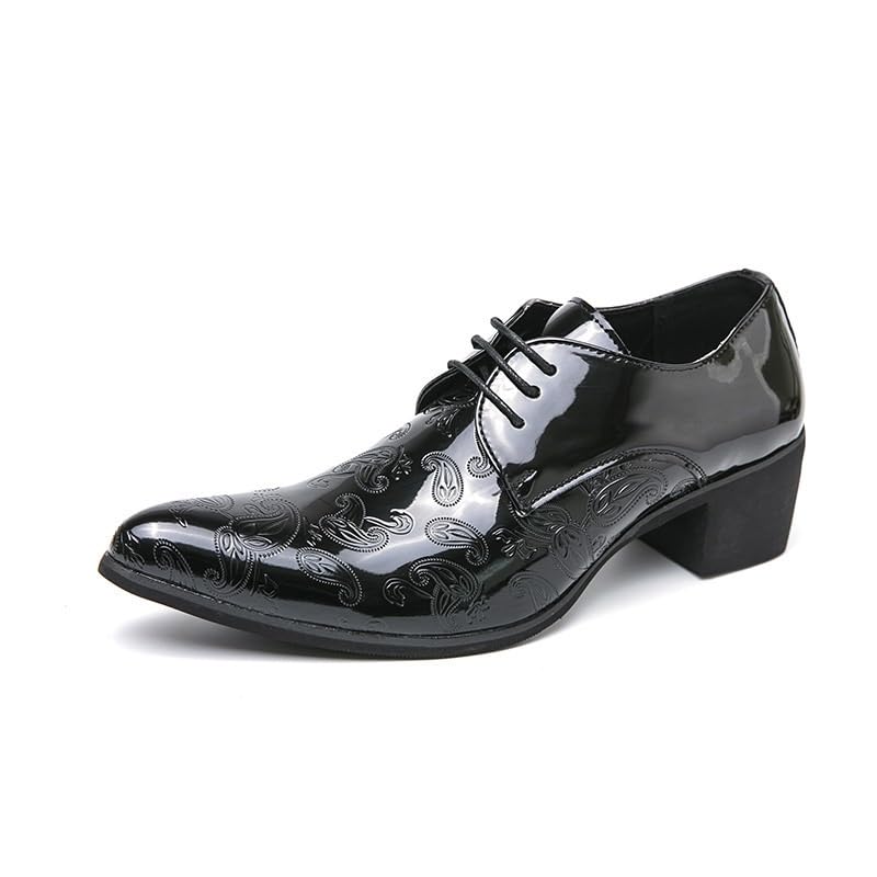 Men's Printing Pointed-Toe Patent Leather Derby Oxford Shoes,Classic Lace-up Low Top Block High Heel Fashion Slip On Prom Business Wedding Dress Shoes(Noir,10.5)