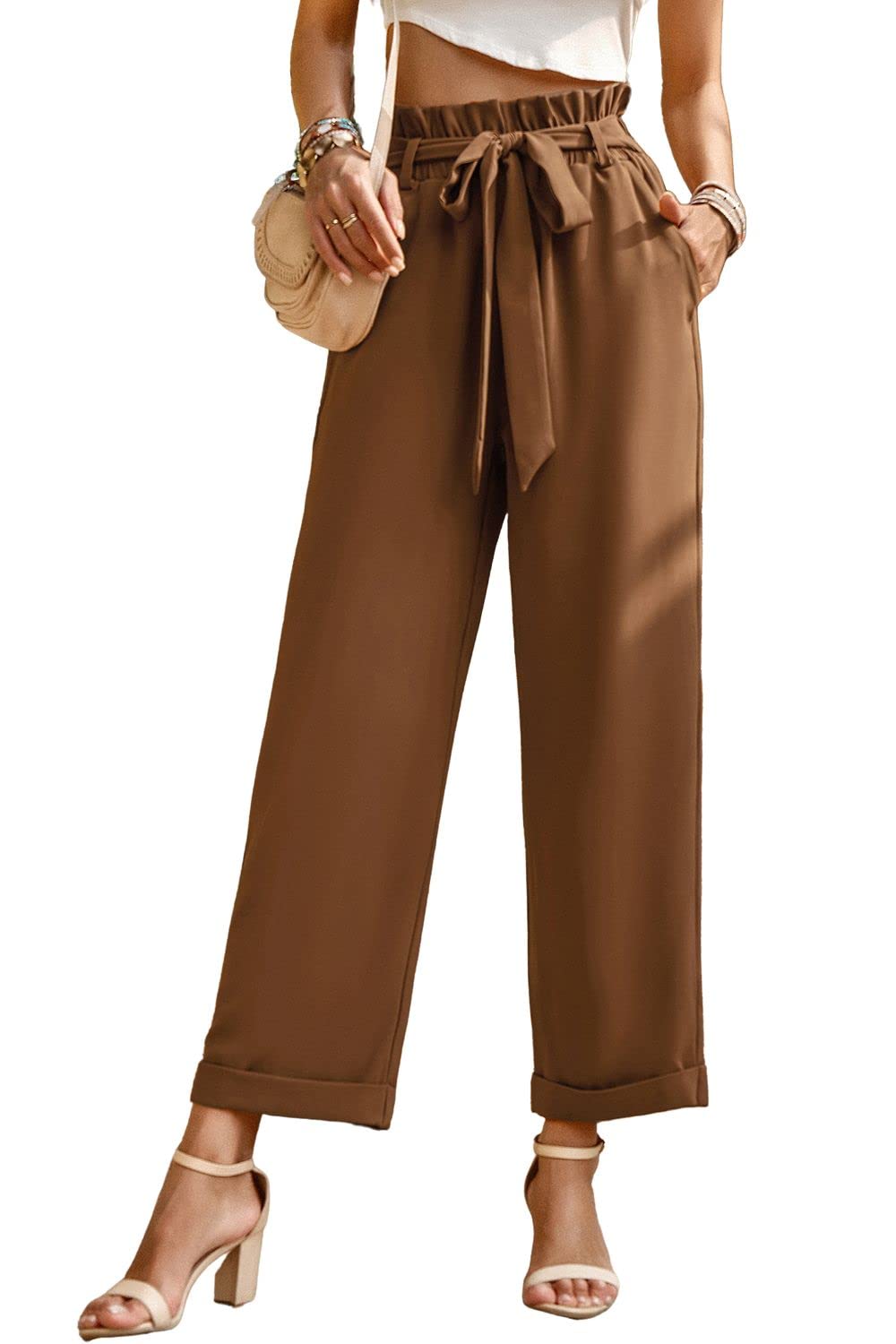 ebossy Womens Ruched Ruffles Elastic High Waist Pockets Casual Long Pants with Belt
