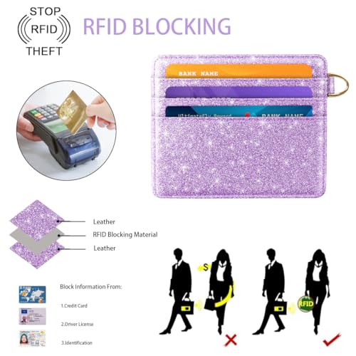 Image of Slim Minimalist Front Pocket RFID Blocking Credit Card Holder Small Wallet Cute Card Cases for Women,Glitter Purple