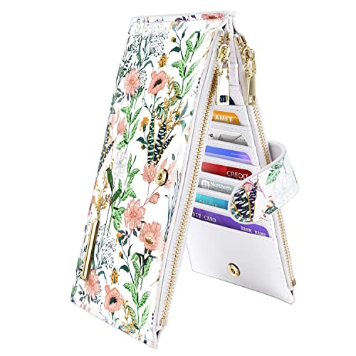 Coco Rossi White Flowers Womens Wallet RFID Blocking Leather Bifold Purse