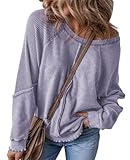 SELINK Womens Oversized Waffle Knit Patchwork Exposed Long Sleeve Crew Neck Sweatshirt Casual Loose Pullover Tops Purple-L
