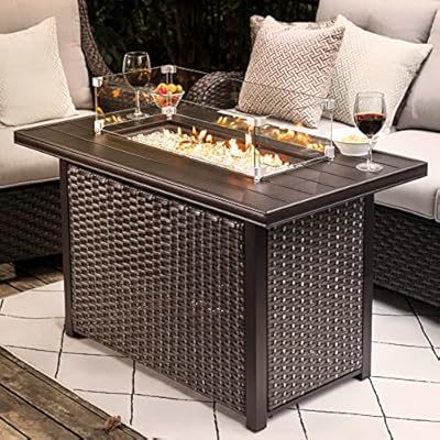 Nuu Garden Outdoor 43 Inch 50,000 BTU Propane Fire Pit Table, CSA Certified Patio Propane Fire Pit Table with Fire Pit Wind Guard, Lid, Oxford Cover, 7 lbs Glass Stone, Dark Brown