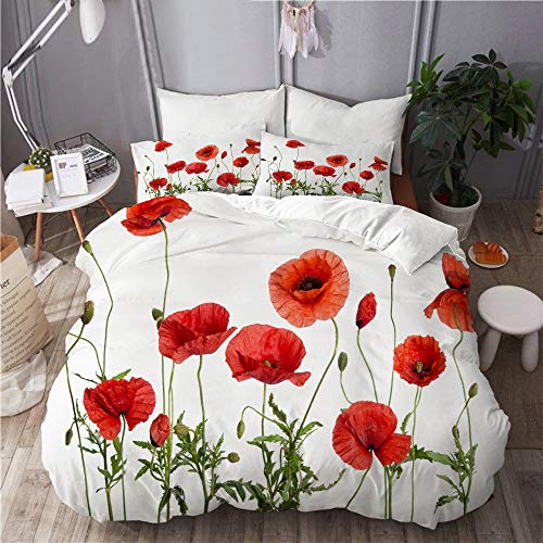 PANILUR Parure de lit,Coquelicots Rouges isolés sur Fond Blanc,Housse de Couette et taies d'oreiller Microfibre avec Fermeture éclair 220x240cm Cover