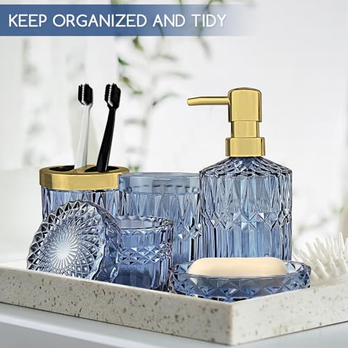 5 Stück Modern Badezimmer Set, Glas Badezimmer Zubehör Sets, Luxuriöses Badezimmer Zubehör Badezimmer Organizer von Lotionspender, Seifenschale, Zahnbürstenhalter, Becher, Badedekoration, Blau