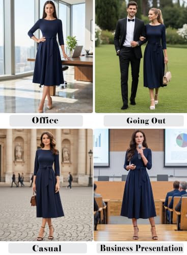 Image of VFSHOW Womens Work Business Casual Church Pockets Belted A-Line Midi Dress