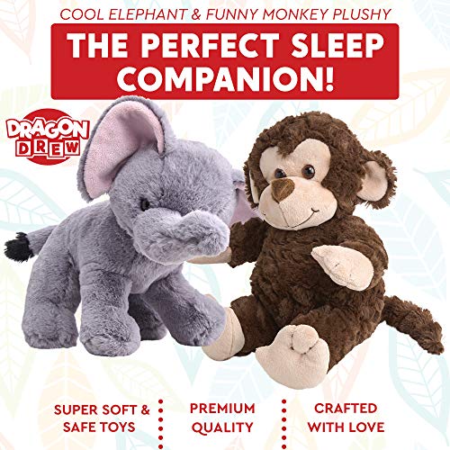 Dragon Drew Elephant And Monkey Stuffed Animals - 2 Soft Plush Animal Toys For Baby, Toddler And Kids - Cute And Cuddly Friends For Boy Or Girl - Great Gift For Easter, Christmas, Birthday #TOP2
