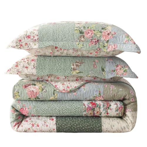 vctops Boho Patchwork Cotton Quilted Bedspread Quilt Set King Size 3 Pieces Soft Reversible Lightweight Coverlet Set Floral Print 1 Quilt and 2 Pillow Shams (Green D,King)