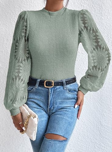 Image of BLENCOT Womens Casual Crochet Top Mesh Lace Long Sleeve Shirts Waffle Knit Blouse Crewneck Shirt Fall Womens Tops Pullover