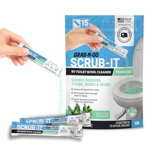 Unique Scrub-It Foaming RV Toilet Cleaner - Wild Thyme Scent 15 Count Stick Packs Premeasured No-Mess Grab-N-Go Powder Removes Stains from RV Toilet Bowls Helps Lubricate Valves and Seals