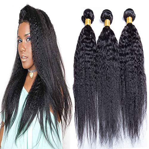 Brazilian Yaki Kinky Straight Brazilian 3 Bundles With 4x4 Free Part Lace Closure 100% Unprocessed Human Virgin Hair Extensions Natural Color (18 20 22+16）