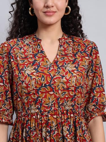 Image of PIDAVLIYA'S Women's Floral Summer Maxi Dress I Cotton Printed I One Piece Bodycon Midi Dress with V-Neck, Puffed Sleeves