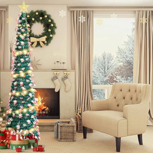 5 Ft Pop Up Christmas Tree with 16.5 Ft String Lights, Artificial Collapsible Pencil Christmas Tinsel Tree for Holiday Xmas Decorations, Home Display, Office Decor, Easy Assembly (A) - Image 6