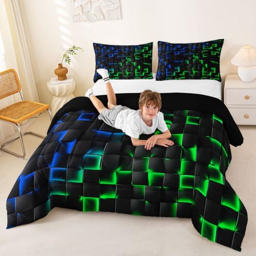 Image of Erosebridal Geometric Checkered Comforter Set Twin Neon Blue Green Bedding Set for Kids Boys Teen Gamer Room Decor,Abstract Ombre Plaid Comforter Grids Quilt Duvet Black