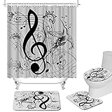 FuShvre Music Bathroom Decor Sets Black Musical Notes with Hummingbird Art Bath Curtain Simple Fabric Cloth Bathroom Decor Hooks Included Gray