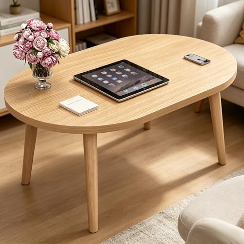 Coffee Table Low Table with 4 Solid Wood Leg, Floor Table Desk for Sitting on The Floor, Small Oval Coffee Table for Small Space, Side Table Japanese Coffee Table for Living Room Apartment Home, Brown