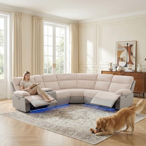 GEBADOL Power Recliner Sectional Sofa, Beige & Grey Plush Sofa, Sectional Couch with Storage Console, Reclining Living Room Sofa with USB/LED Lights
