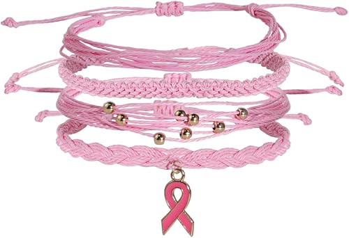 Miniatura 3 de Fuqimanman2020 Pulseras tejidas a mano con cinta rosa para concientización sobre el cáncer de mama, cuerda trenzada multicapa para mujeres, joyería