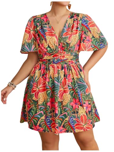 Image of Floerns Women's Plus Size Printed V Neck Short Sleeve Ruffle Hem Summer Short Dresses