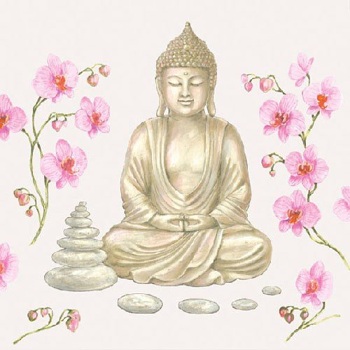 4 Paper Napkins for Decoupage - 3-ply, 33 x 33cm - Buddha with Orchids (4 Individual Napkins for Craft and Napkin Art.)