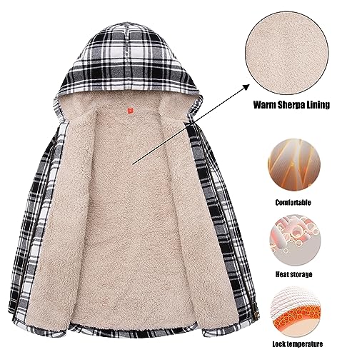 Image of ThCreasa Boys Plaid Flannel Jackets Sherpa Lined Zip Up Long Sleeve Warm Flannel Shirt with Hood