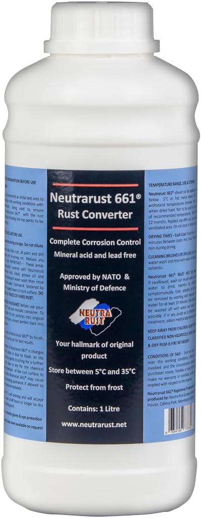 Neutrarust 661 Rust Converter The Original Water based &amp; Non-Hazardous. MOD &amp; NATO Approved 1 Litre 10-12 square metres coverage