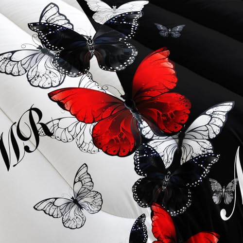 Image of AILONEN Mr Mrs Black and White Comforter Set Queen Size, Red and Black Butterfly Bedding Set Gifts,Soft Lightweight Microfiber Duvet Set 3 Piece All Season,1 Comforter with 2 Pillowcases