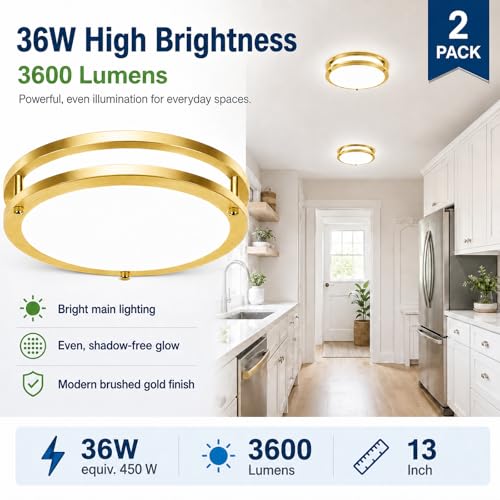 Image of 2-Pack 36W Dimmable LED Ceiling Light Fixtures, 13Inch 3600lm Super Bright Gold Flush Mount Ceiling Lights, 2700K /3000K /4000K /5000K /6500K Adjustable Modern Ceiling Lamps for Bathroom Bedroom Kitchen
