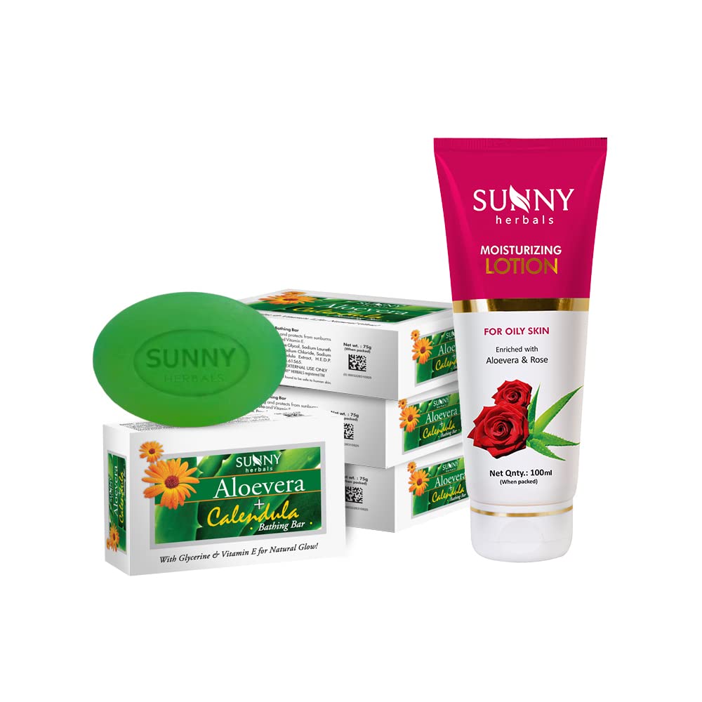 Aloe Vera Rose Lotion (100ml) & Aloe Calendula Bar (4 * 75gm), Youthful Complexion, Tone, Skin Elasticity, Absorbs Oil, For Scars, Sunburn, Soft, Supple Skin