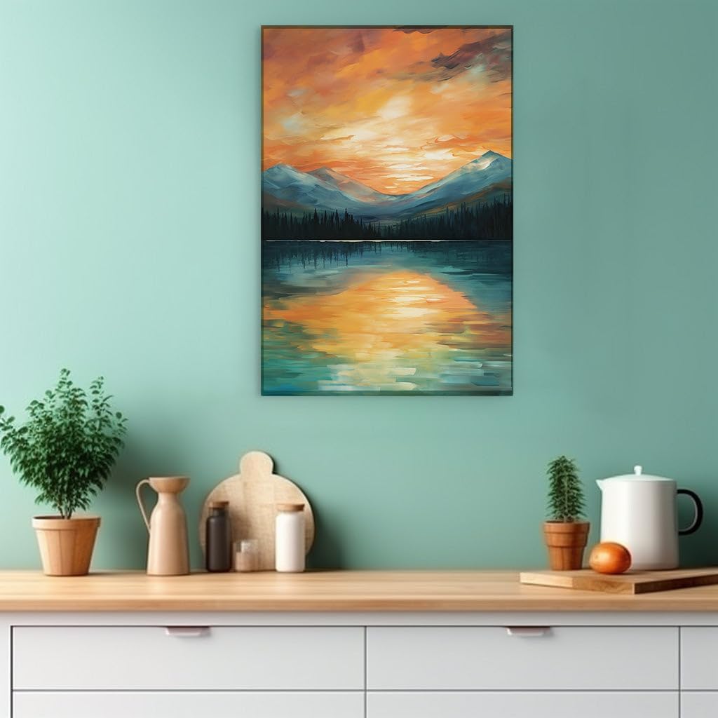 Canvas for Living room. Serene Sunset Over Mountain Lake - A Tapestry of Vivid Colors and Reflections, 27 x 18 inch Canvas Wall Art - Contemporary Masterpieces - Modern Home Decor