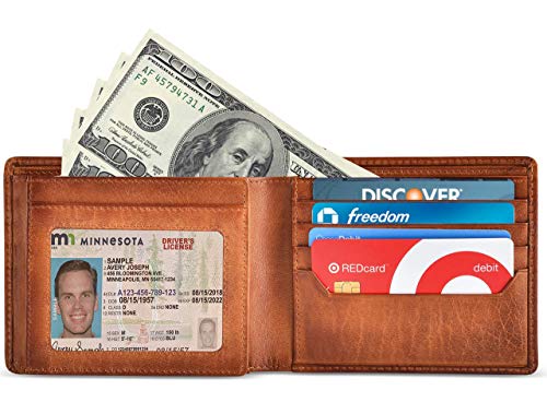 BULL GUARD RFID Blocking Bifold Wallets for Men, Brown Full Grain Leather Credit Card Wallet with 2 ID Windows Premium Security and High Capacity3