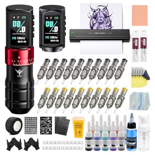 TATELF Kit de Completo Inalámbrico y impresora termica para Principiantes y Profesionales, Máquina Rotativa con Doble Batería 2300mAh (10h Autonomía), 7 Golpes por Segundo, Pantalla LED
