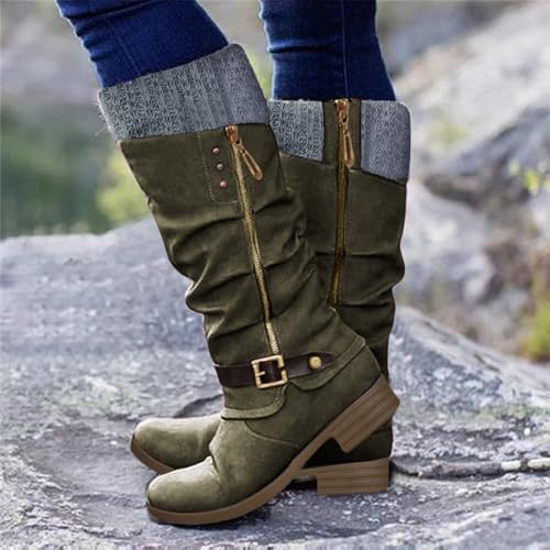 Knee High Boots for Women 2025,Chunky Heel Round Toe Comfortable Walking Hiking Booties Outdoor Shoes Mid Calf Flats Boots Sweater Knitted Cuff Fashion Side Zip Buckles Winter Boot