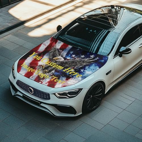 Image of American Flag Bald Eagle Custom Design Car Hood Cover 59x39 Inch Car Hood Wrap Blankets Waterproof Stretchable Automotive Hoods Flag for Compact SUV Sedans Trucks