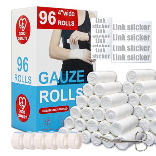 KIWAEZS Rollos de gasa paquete de 96 – 4 pulgadas x 4.1 yardas de calidad premium sin pelusa y vendas elásticas sin látex diseñadas para el cuidado de heridas para soporte de vendaje de heridas (ideal
