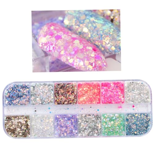 FOMIYES Elegant Candy Sequin Nail Glitter Set 12 Compartments Nail Art Chips Stickers for Women Lady Female Nail Dec