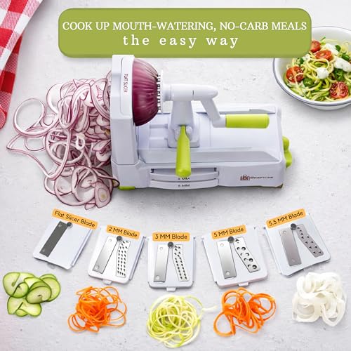Brieftons 5-Blade Vegetable Spiralizer: Best Zucchini Spiral Slicer & Veggie Noodle Maker, Japanese Steel Blades, Strong Suction Cup, Blade Caddy, 4 Recipe eBooks | Low Carb, Vegan, Paleo, Gluten-Free by Brieftons - Image 3